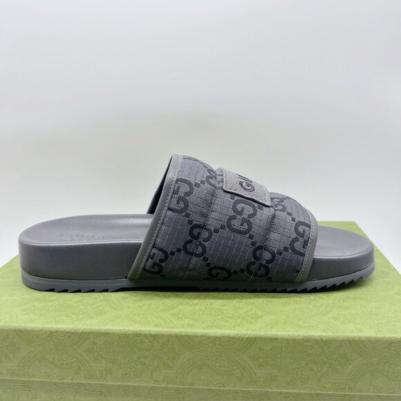 GUCCI Mens GG LOGO Ripstop Monogram Gray Slides Sandals 771466 Men UK 12 US 12.5 - Picture 10 of 16